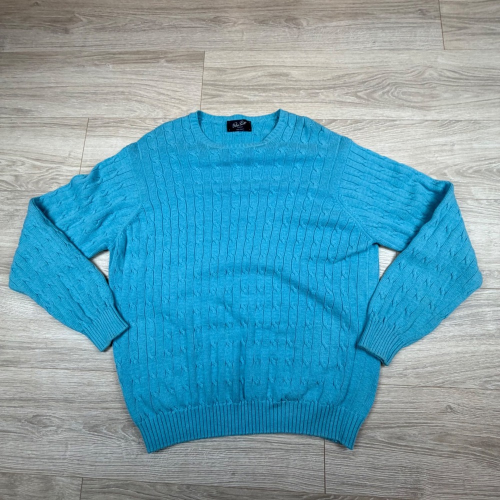 Vintage Peter Scott Mens 46 XL Cable Knit Cotton Sweater Blue Made in‎ Scotland